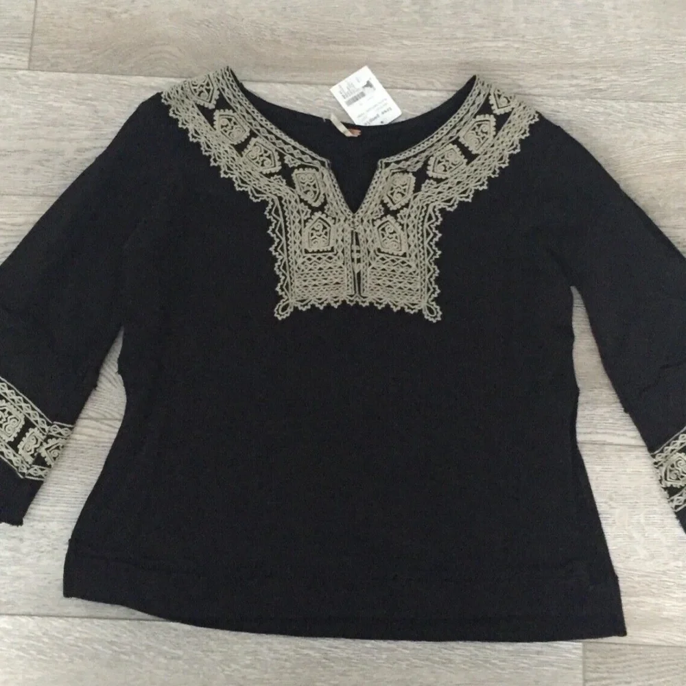Free People Santa Maria Top Sweatshirt Embroidered Cotton 3/4 Sleeve Pullover XS